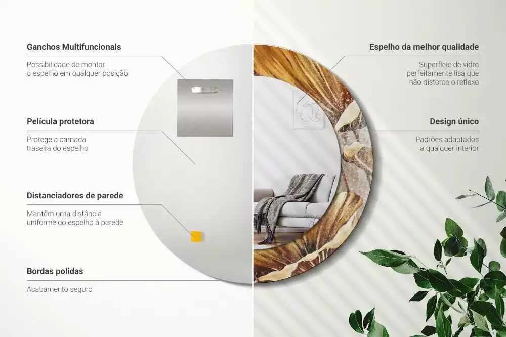 Lustro z drukowaną ramką w stylu boho z motywem liści