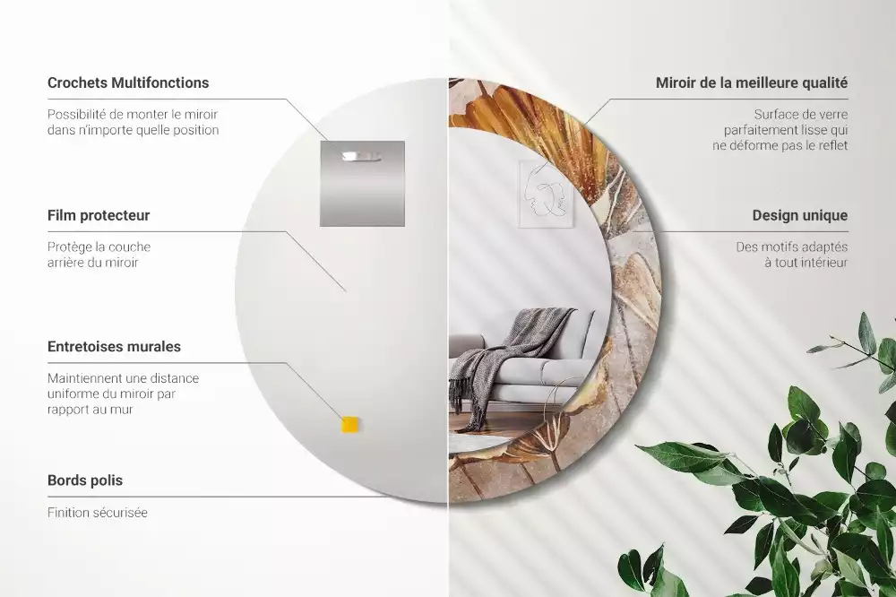 Lustro z drukowaną ramką w stylu boho z motywem liści