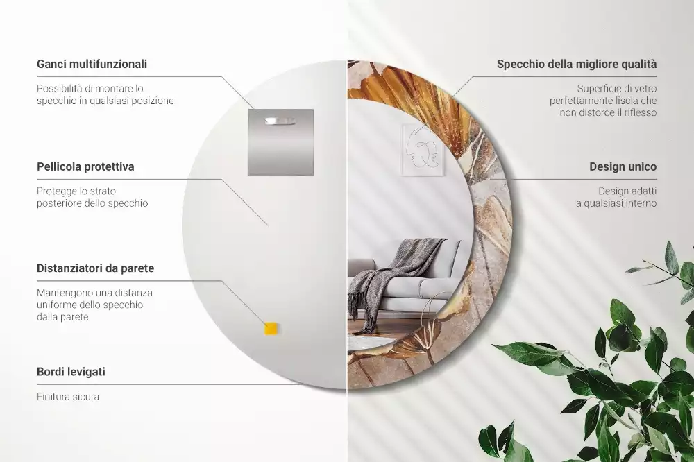 Lustro z drukowaną ramką w stylu boho z motywem liści