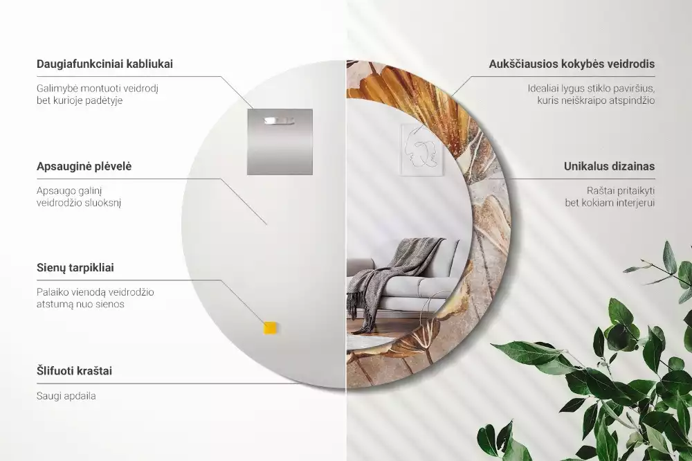 Lustro z drukowaną ramką w stylu boho z motywem liści