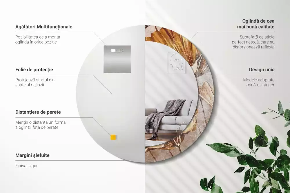 Lustro z drukowaną ramką w stylu boho z motywem liści