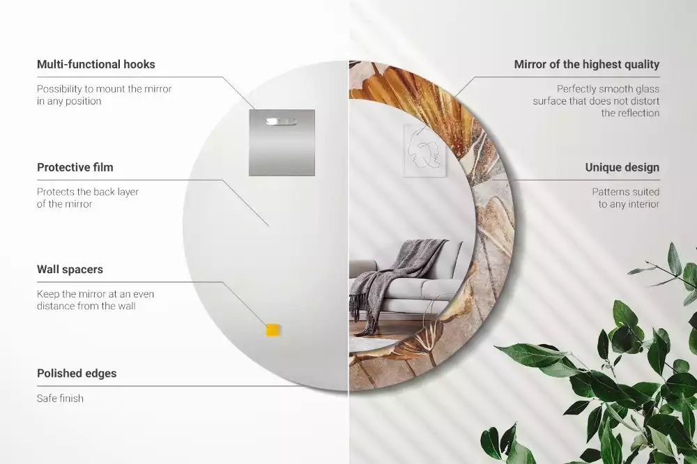 Lustro z drukowaną ramką w stylu boho z motywem liści