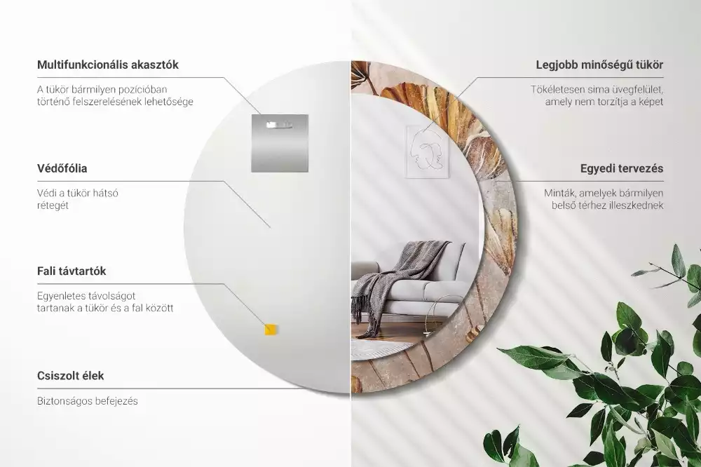 Lustro z drukowaną ramką w stylu boho z motywem liści