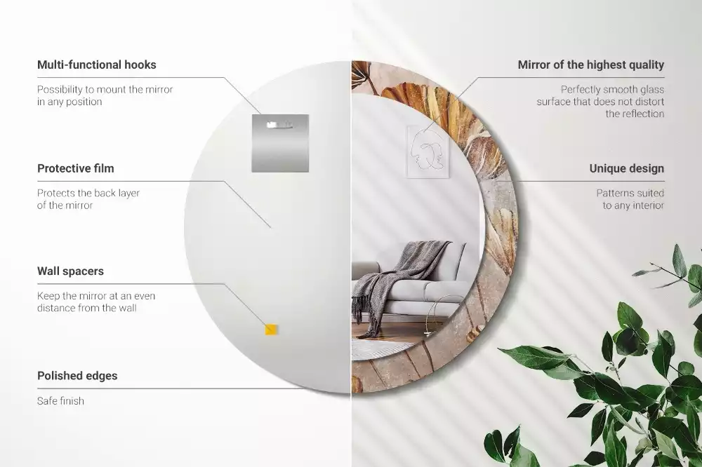 Lustro z drukowaną ramką w stylu boho z motywem liści