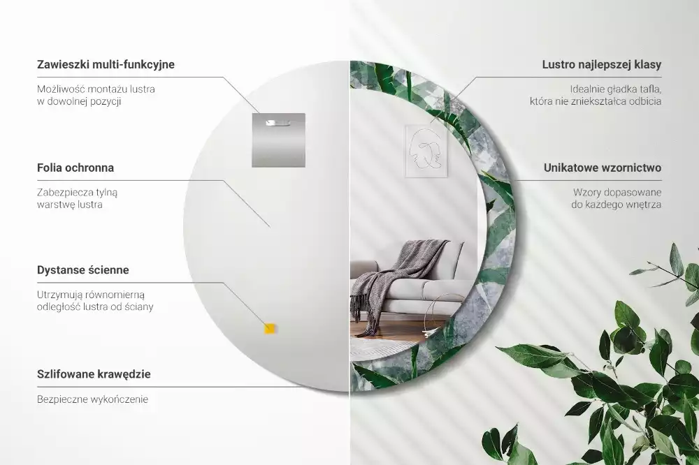 Lustro ścienne dekoracyjne z motywem tropikalnych liści