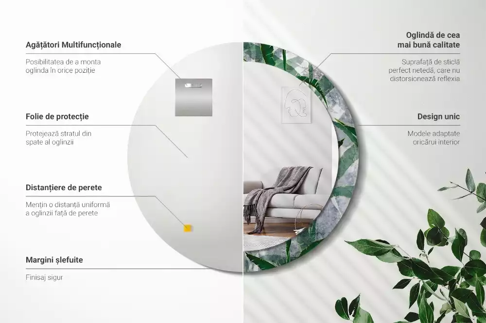 Lustro ścienne dekoracyjne z motywem tropikalnych liści