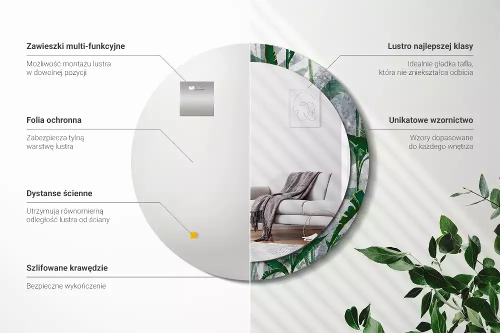 Lustro ścienne dekoracyjne z motywem tropikalnych liści