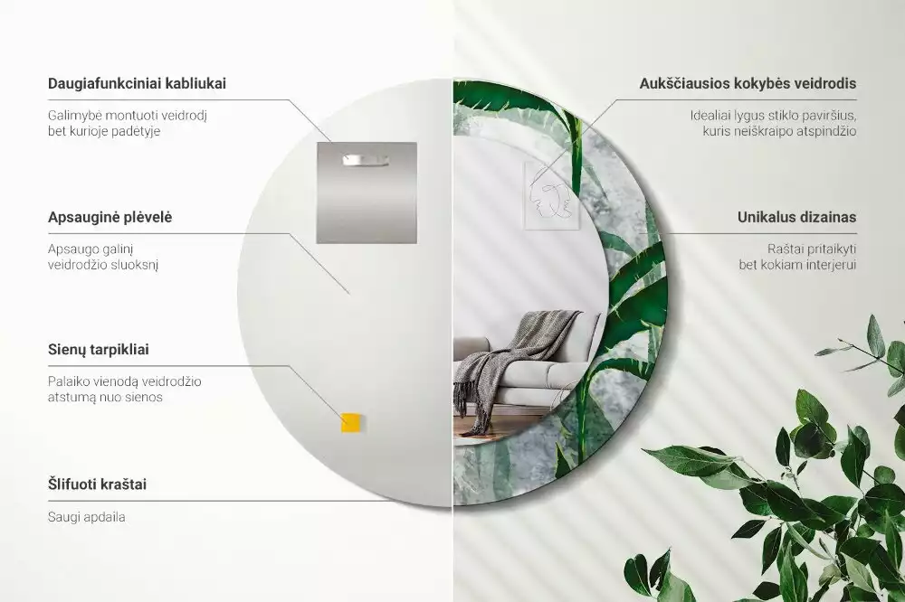 Lustro ścienne dekoracyjne z motywem tropikalnych liści