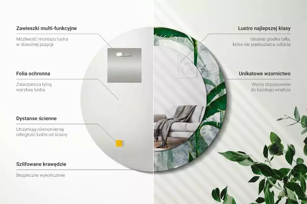 Lustro ścienne dekoracyjne z motywem tropikalnych liści