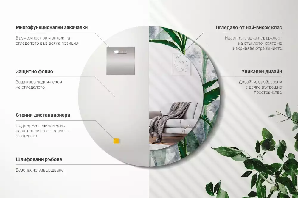 Lustro ścienne dekoracyjne z motywem tropikalnych liści