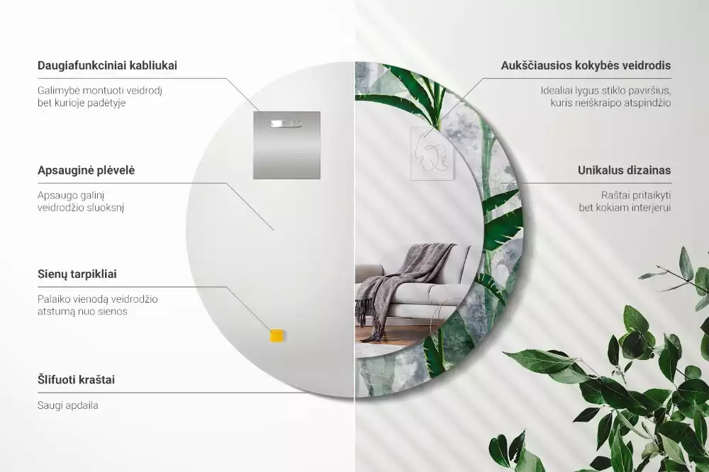 Lustro ścienne dekoracyjne z motywem tropikalnych liści