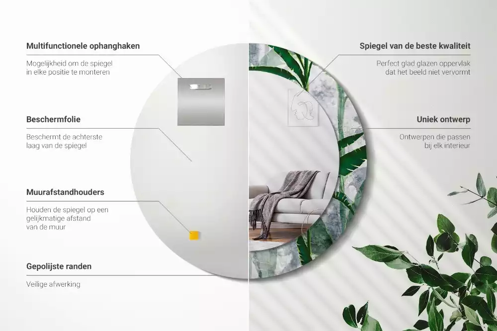 Lustro ścienne dekoracyjne z motywem tropikalnych liści