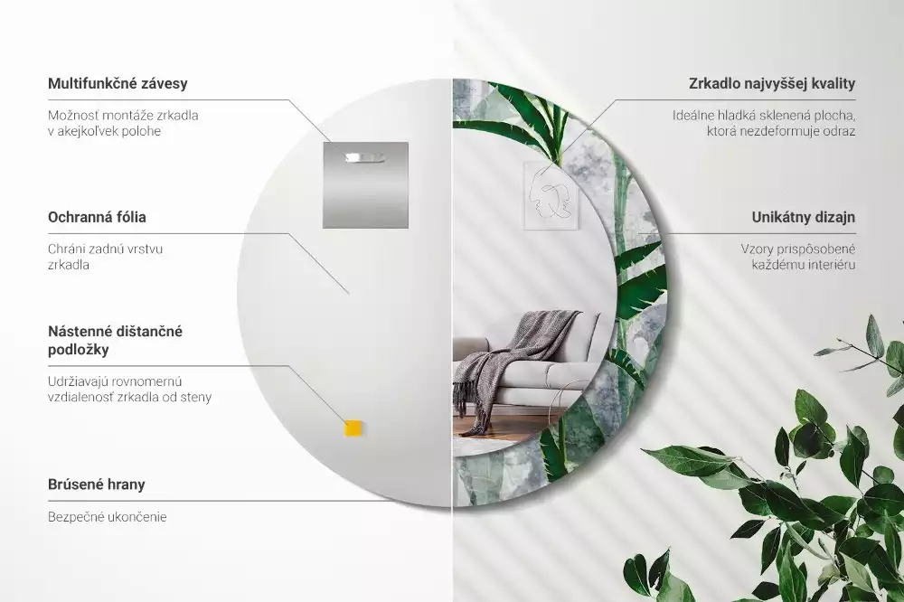 Lustro ścienne dekoracyjne z motywem tropikalnych liści