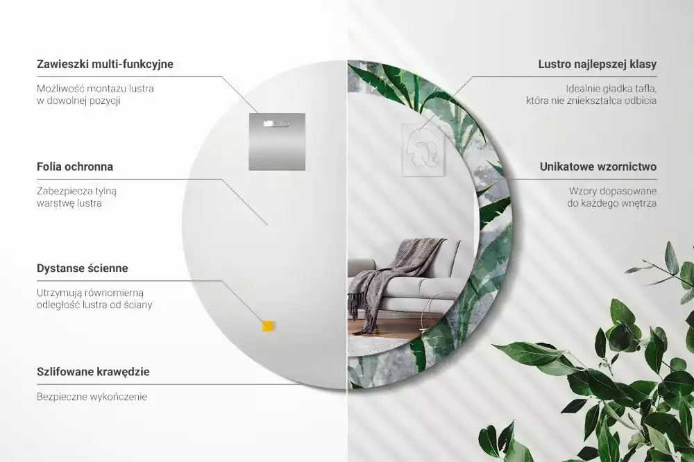 Lustro ścienne dekoracyjne z motywem tropikalnych liści