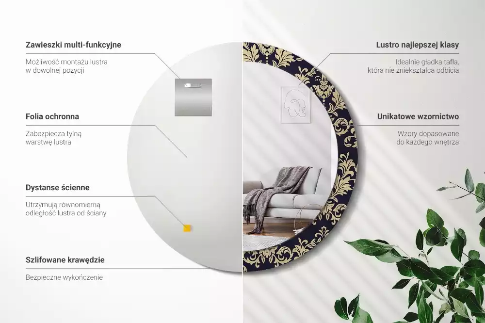 Lustro z ramą z nadrukiem w kwiatowy wzór, w kształcie okrągłym