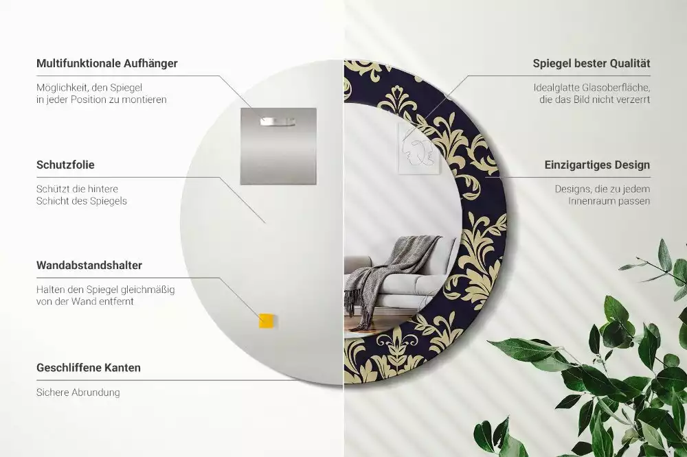 Lustro z ramą z nadrukiem w kwiatowy wzór, w kształcie okrągłym