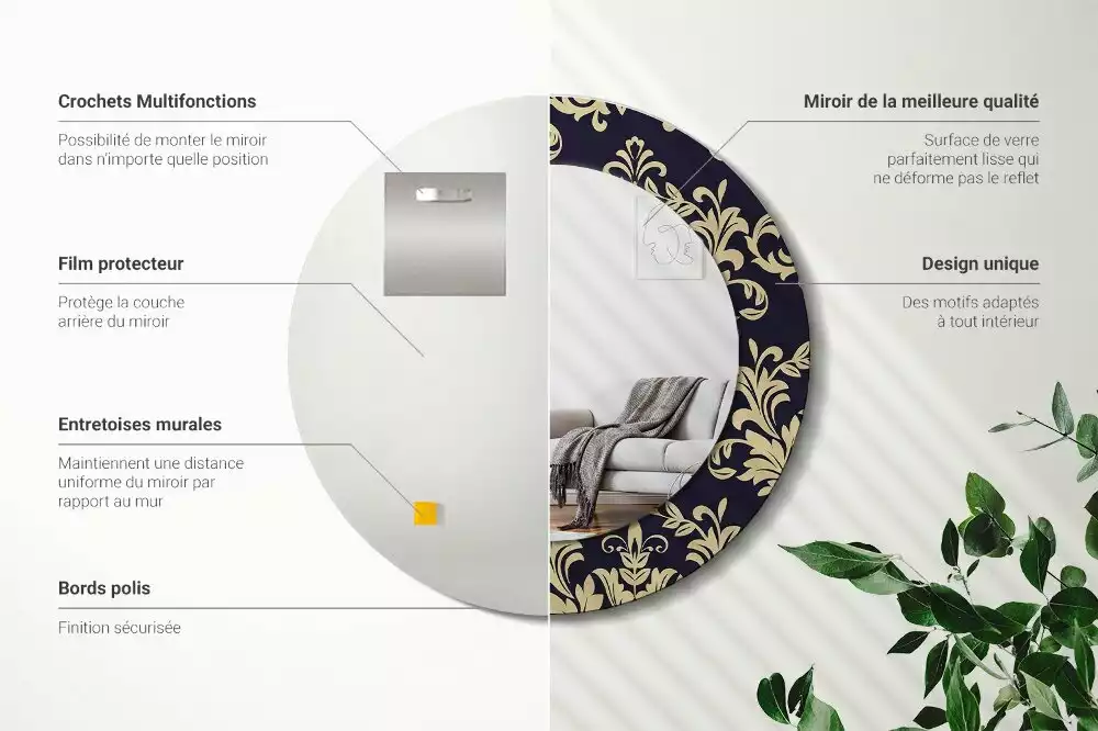 Lustro z ramą z nadrukiem w kwiatowy wzór, w kształcie okrągłym