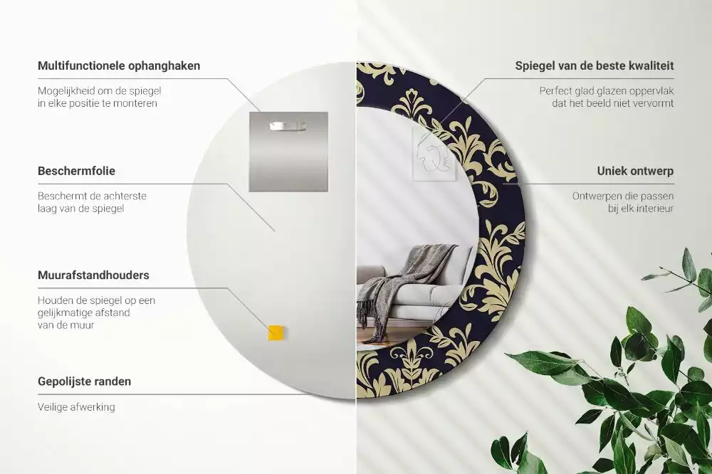 Lustro z ramą z nadrukiem w kwiatowy wzór, w kształcie okrągłym