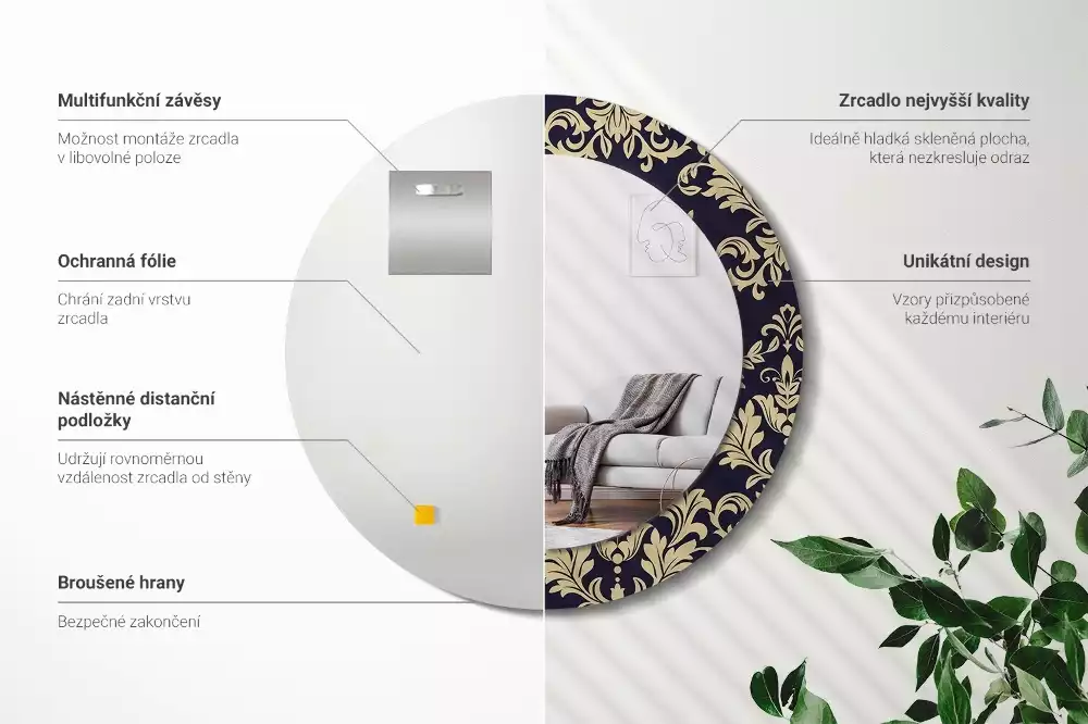 Lustro z ramą z nadrukiem w kwiatowy wzór, w kształcie okrągłym