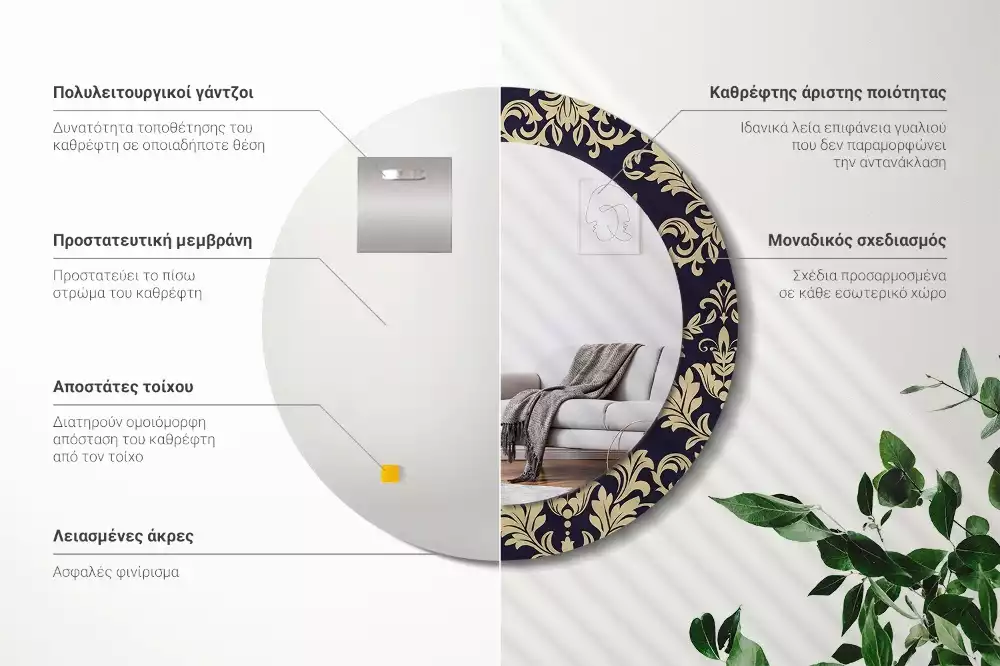 Lustro z ramą z nadrukiem w kwiatowy wzór, w kształcie okrągłym