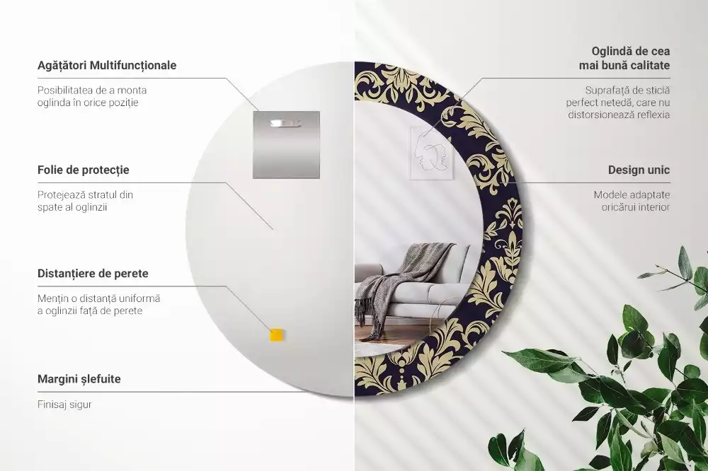 Lustro z ramą z nadrukiem w kwiatowy wzór, w kształcie okrągłym