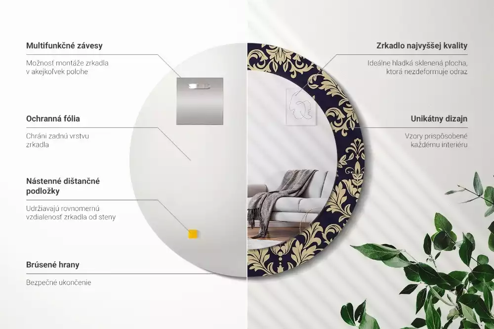 Lustro z ramą z nadrukiem w kwiatowy wzór, w kształcie okrągłym