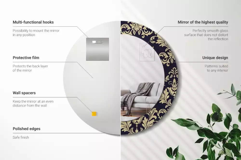 Lustro z ramą z nadrukiem w kwiatowy wzór, w kształcie okrągłym