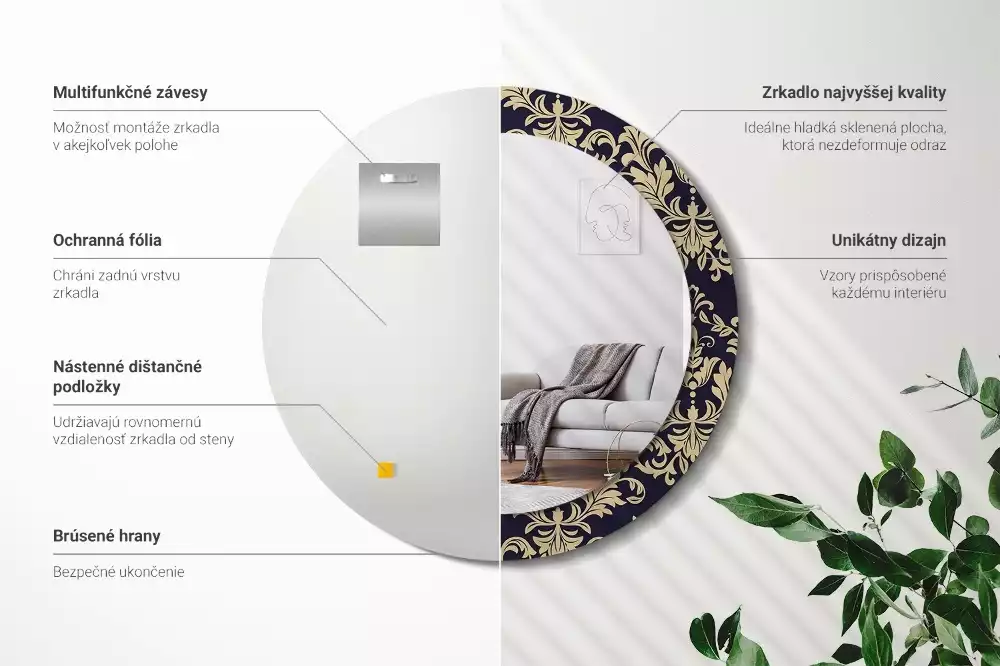 Lustro z ramą z nadrukiem w kwiatowy wzór, w kształcie okrągłym