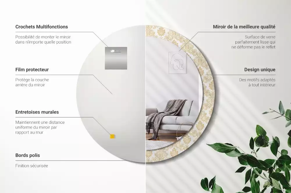 Lustro z okrągłą ramą ozdobioną nadrukiem w barokowym wzorze