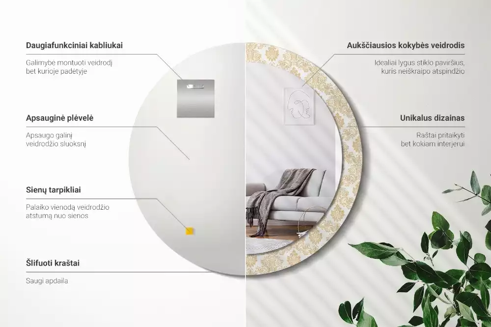 Lustro z okrągłą ramą ozdobioną nadrukiem w barokowym wzorze