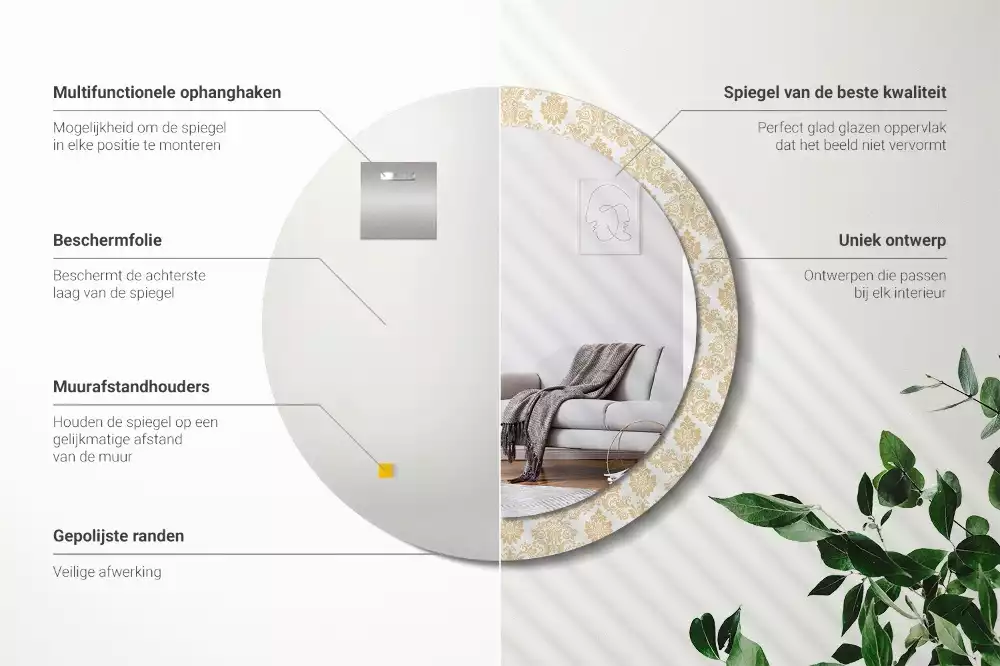 Lustro z okrągłą ramą ozdobioną nadrukiem w barokowym wzorze