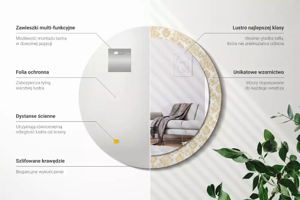 Lustro z okrągłą ramą ozdobioną nadrukiem w barokowym wzorze