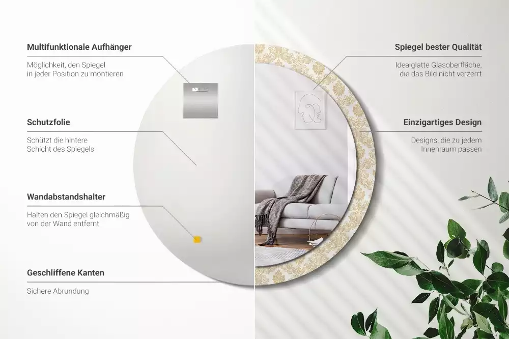 Lustro z okrągłą ramą ozdobioną nadrukiem w barokowym wzorze