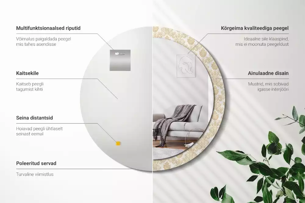 Lustro z okrągłą ramą ozdobioną nadrukiem w barokowym wzorze