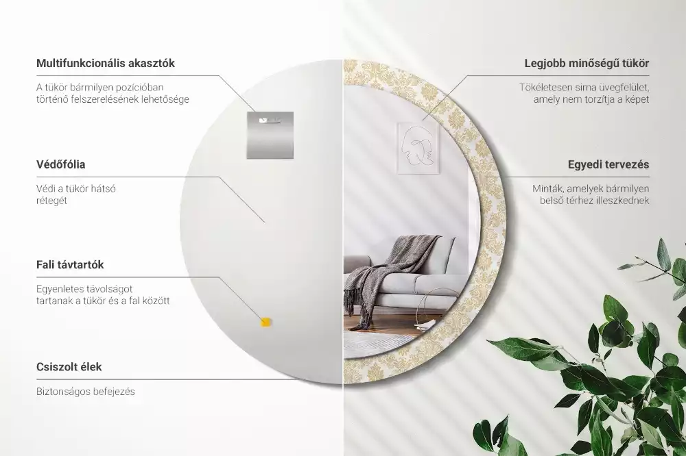 Lustro z okrągłą ramą ozdobioną nadrukiem w barokowym wzorze