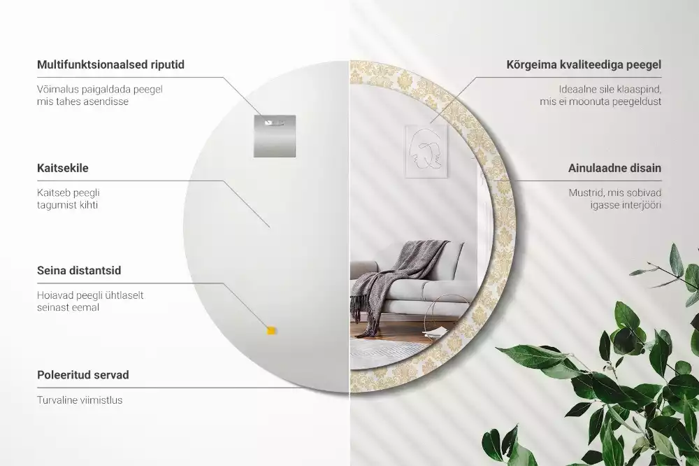 Lustro z okrągłą ramą ozdobioną nadrukiem w barokowym wzorze