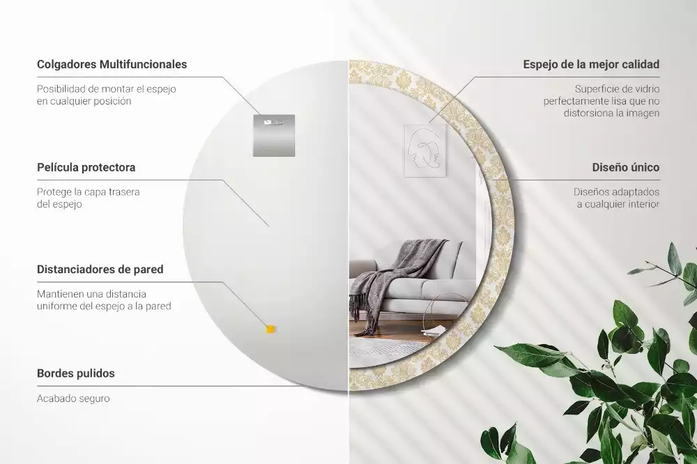 Lustro z okrągłą ramą ozdobioną nadrukiem w barokowym wzorze