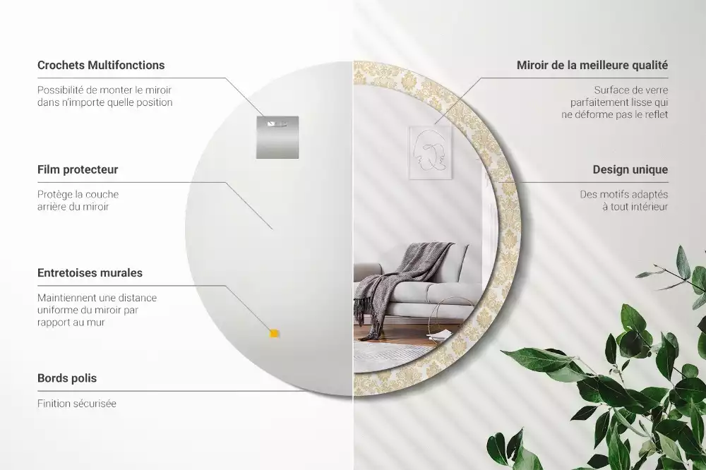 Lustro z okrągłą ramą ozdobioną nadrukiem w barokowym wzorze