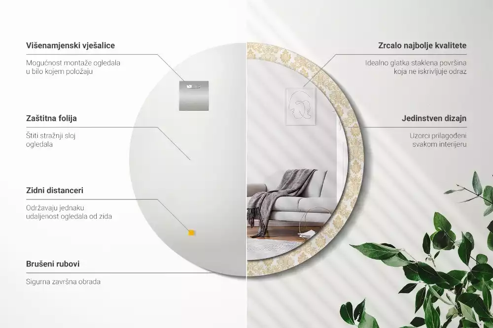 Lustro z okrągłą ramą ozdobioną nadrukiem w barokowym wzorze