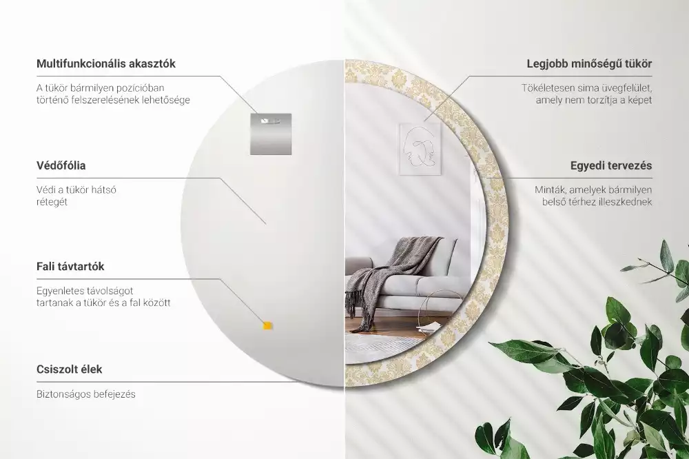 Lustro z okrągłą ramą ozdobioną nadrukiem w barokowym wzorze