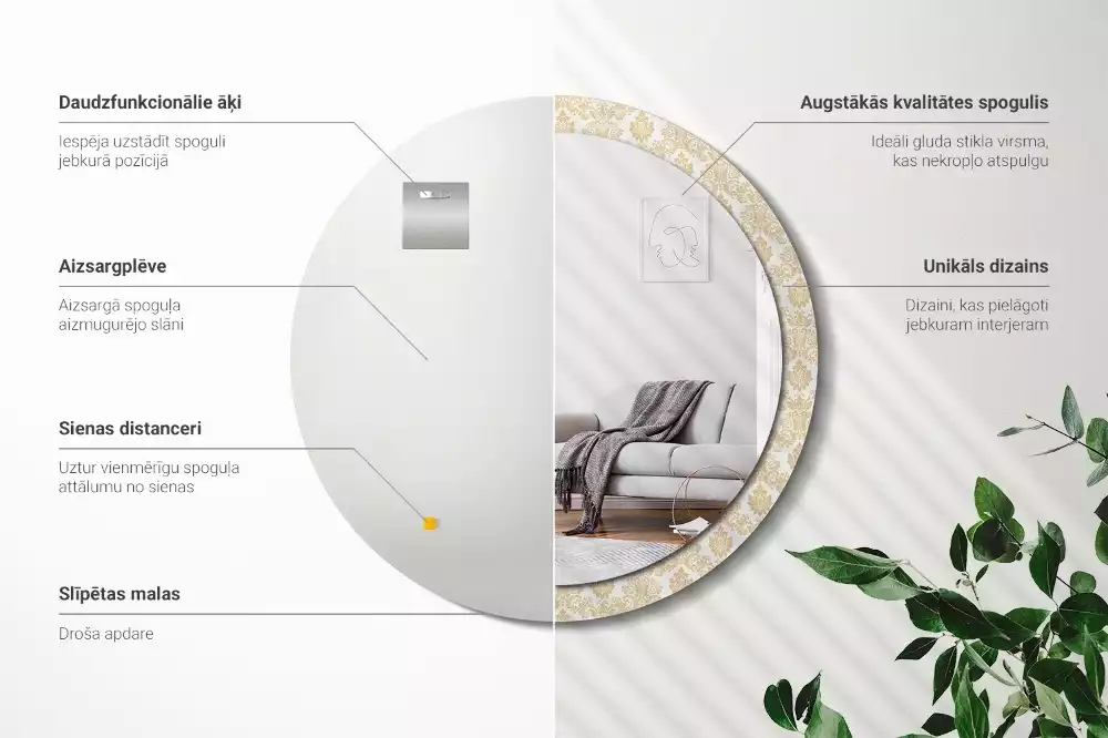 Lustro z okrągłą ramą ozdobioną nadrukiem w barokowym wzorze