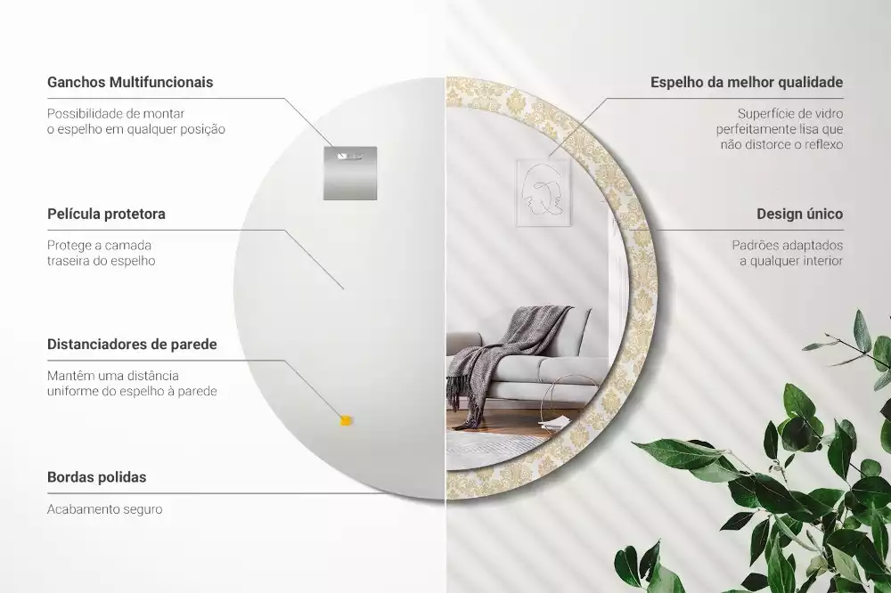 Lustro z okrągłą ramą ozdobioną nadrukiem w barokowym wzorze