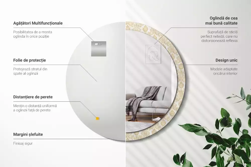 Lustro z okrągłą ramą ozdobioną nadrukiem w barokowym wzorze