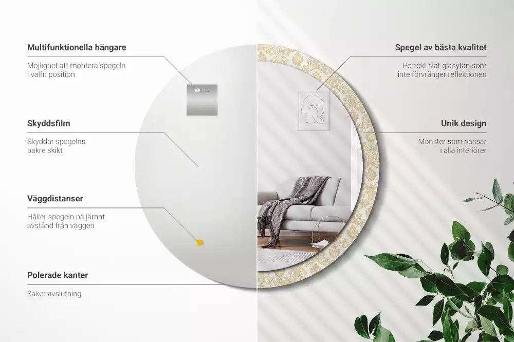 Lustro z okrągłą ramą ozdobioną nadrukiem w barokowym wzorze