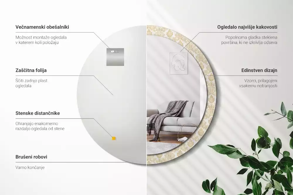 Lustro z okrągłą ramą ozdobioną nadrukiem w barokowym wzorze