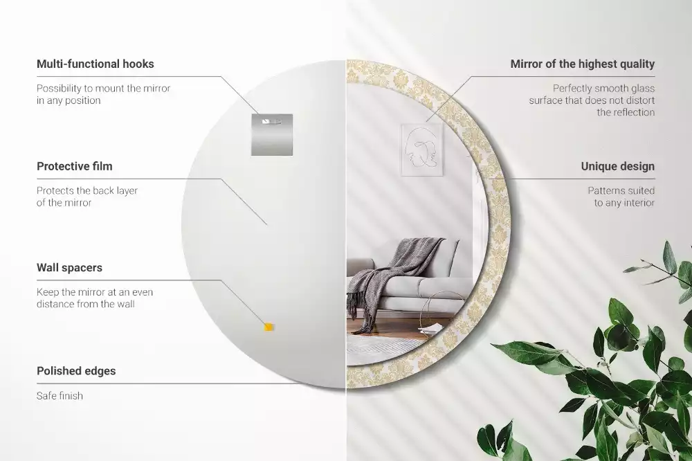 Lustro z okrągłą ramą ozdobioną nadrukiem w barokowym wzorze