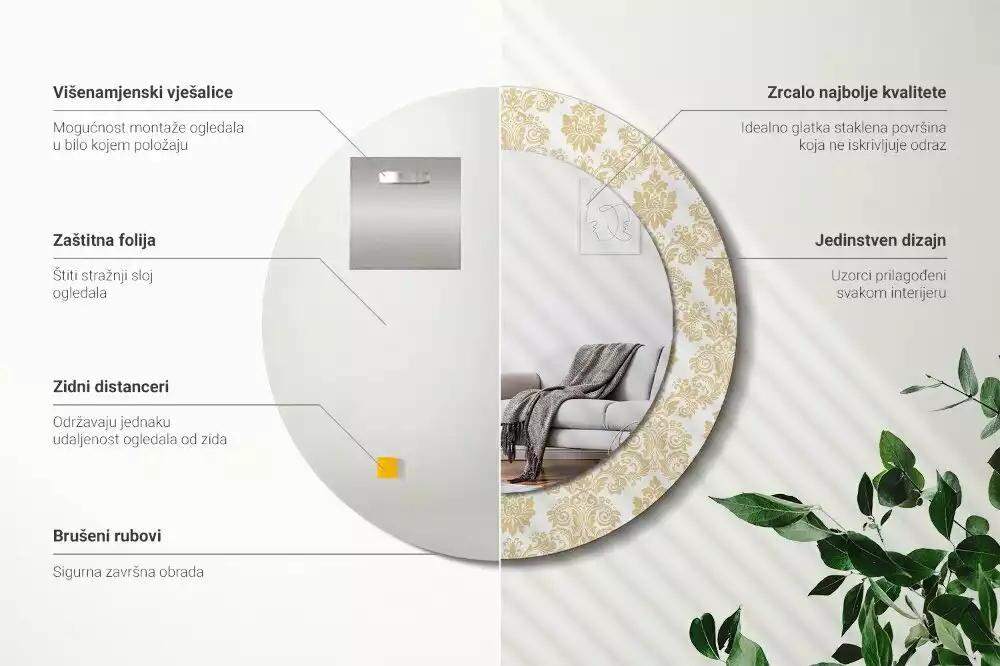 Lustro z okrągłą ramą ozdobioną nadrukiem w barokowym wzorze