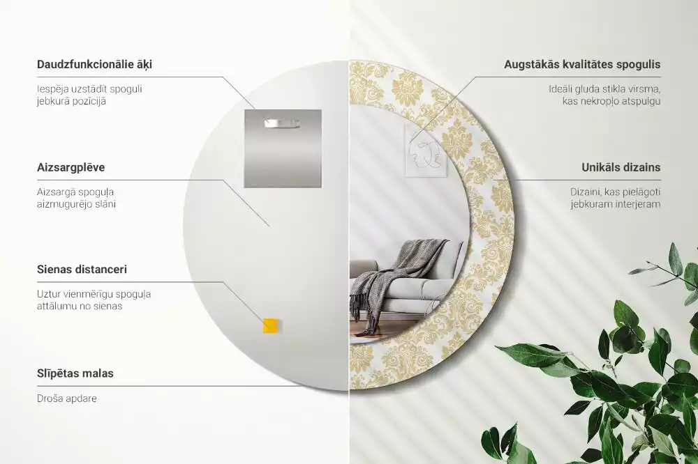 Lustro z okrągłą ramą ozdobioną nadrukiem w barokowym wzorze