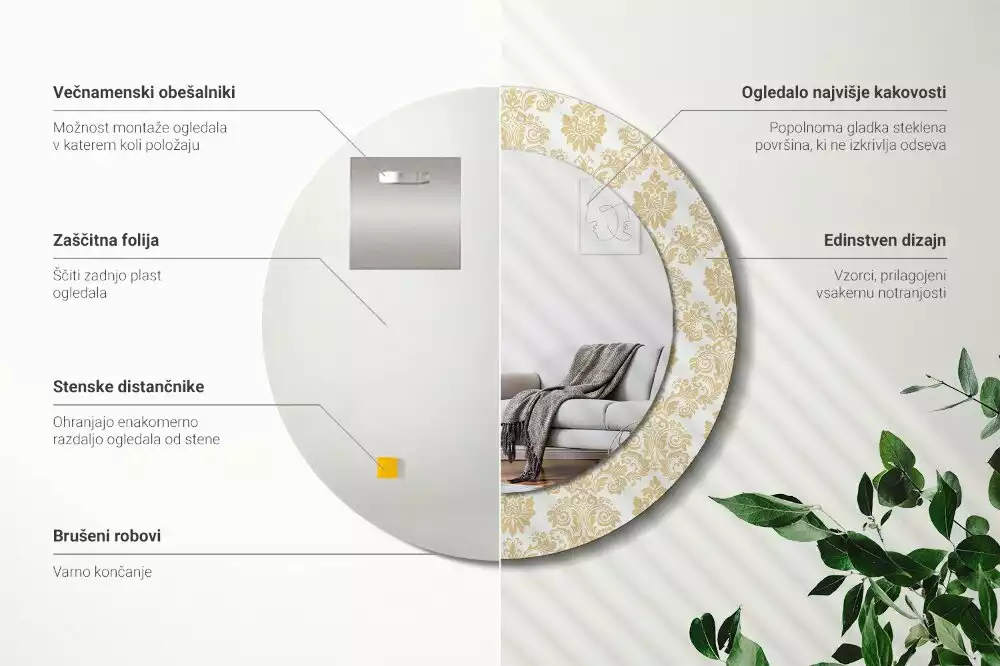 Lustro z okrągłą ramą ozdobioną nadrukiem w barokowym wzorze