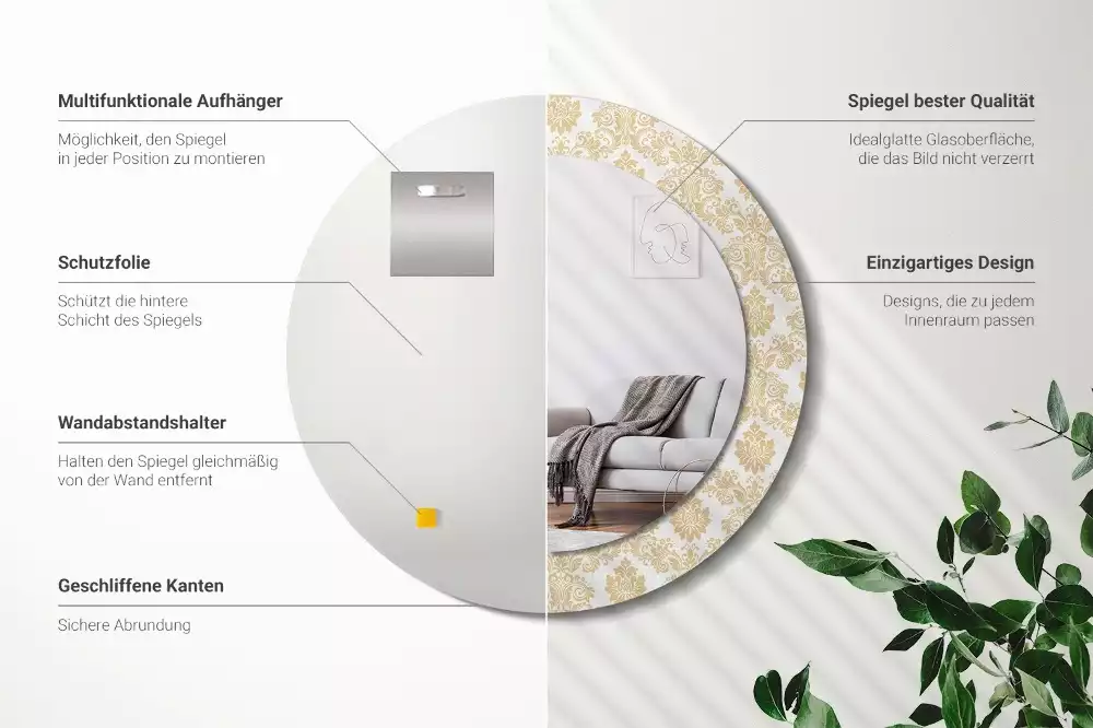 Lustro z okrągłą ramą ozdobioną nadrukiem w barokowym wzorze